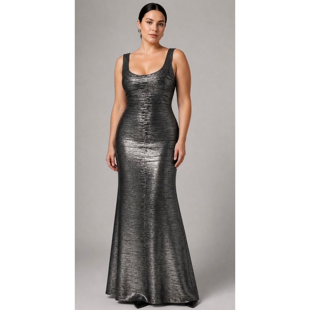 Hervé Léger Ellen Gunmetal Metallic Bandage Maxi Gown Large